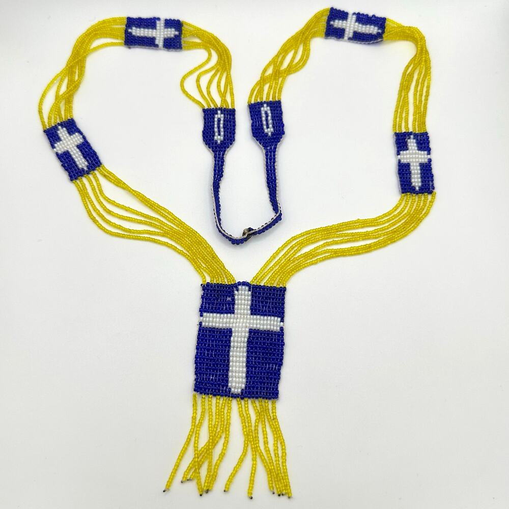 Antique Art Deco 1920s handmade yellow blue glass beaded crosses tassel necklace